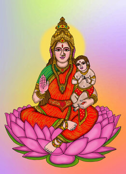 hand drawn digital art of goddess parvati with her child