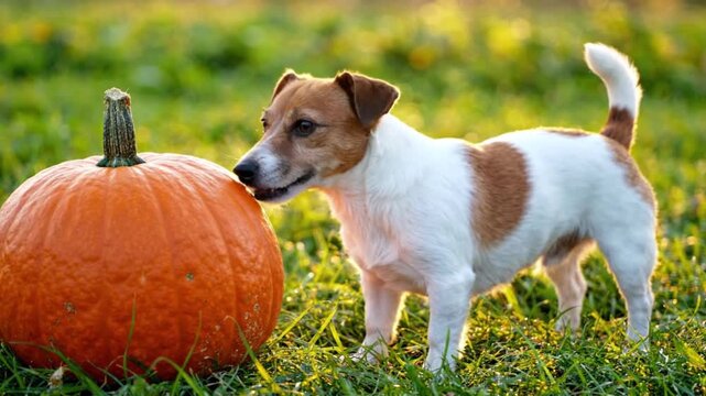Cute Jack Russell Terrier Dog Sniffing Large Orange Pumpkin on Green Grass in Warm Autumn Sunlight for Thanksgiving Harvest Concept