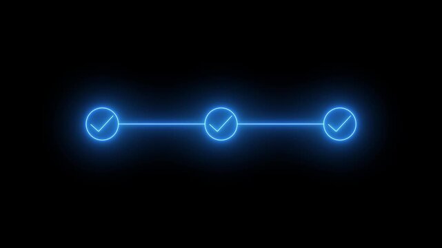 neon 3 step process with check mark icon. step by step process icon animation on black background,4k animation video