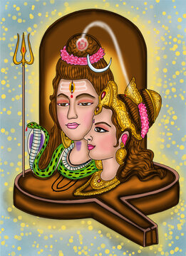 hand drawn digital art of lord shiva with parvati