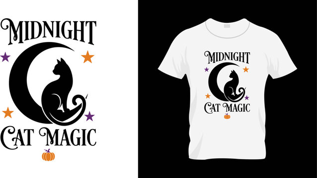 Midnight cat magic halloween tshirt design with black cat on crescent moon