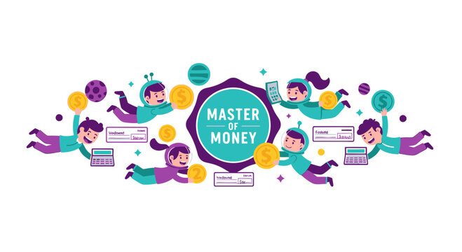 Kids Financial Literacy Concept Illustration with Space Theme and Master of Money Badge