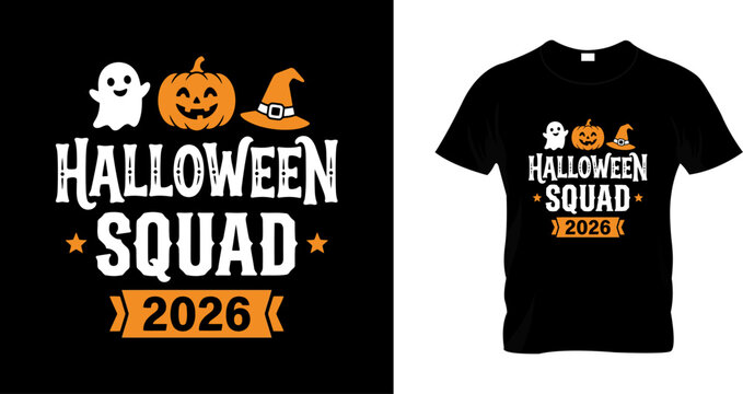 Halloween squad 2026 tshirt design with ghost pumpkin and witch hat