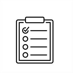 Obraz premium Black outline clipboard checklist icon with one checked item and three empty circles, conveying organization, completion, and task planning.