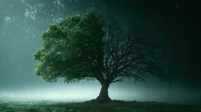 Large tree with half lush green foliage and half bare branches standing alone in foggy dark forest during early morning atmosphere