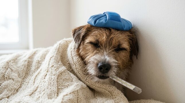 Sick Dog Wrapped in Blanket with Ice Pack and Thermometer - Pet Health and Veterinary Care Concept