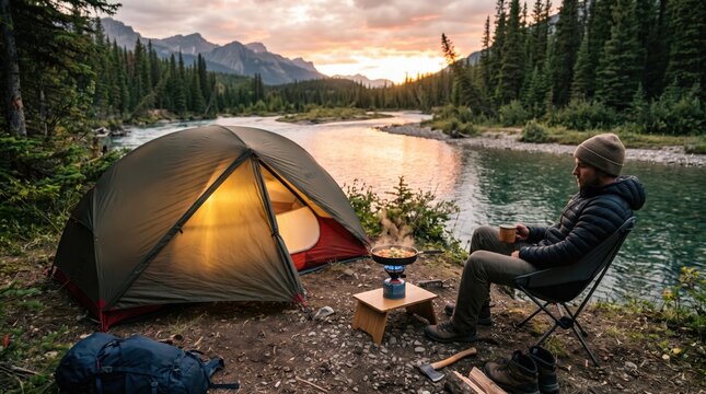 Man camping near mountain river at sunset with glowing tent and portable stove cooking. Backpacker relaxing in folding chair with cup during hiking