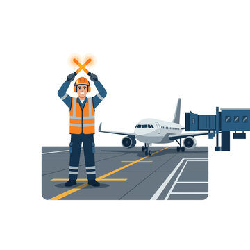 Airport marshaller guiding airplane with signal wands on tarmac near jet bridge, isolated vector illustration