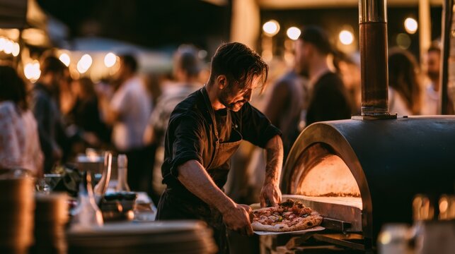 Young male chef placing freshly baked pizza into traditional outdoor wood-fired oven at evening open air market with blurred crowd and warm light in background