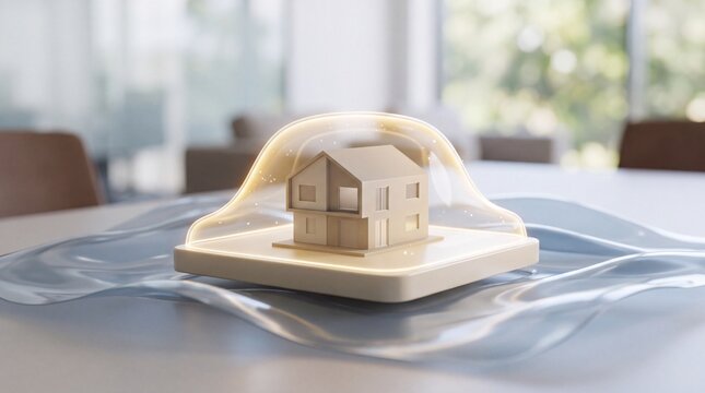 A small model house protected under a glowing glass dome on a wavy surface with miniature house model sits inside glowing protective dome rippled surface architecture translucent