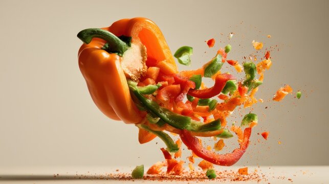 Exploding orange bell pepper with vibrant green and red slices bursting outward against a neutral background in dynamic fresh vegetable food motion