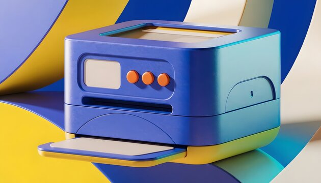 Modern office printing technology and document management systems. Business workflow automation and hardware equipment. Futuristic blue printer device on a colorful studio background