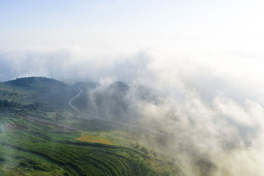 Misty Mountain Landscape with Terraced Green Fields