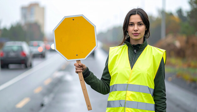 Woman in high visibility vest holding blank stop sign at roadworks entrance while vehicles wait generative AI
