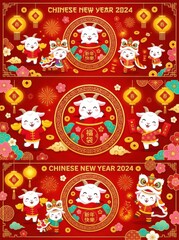 Fototapeta premium Chinese New Year 2024 Banners with Cute Cartoon Goats, Lion Dance, and Traditional Festive Elements on Red Background