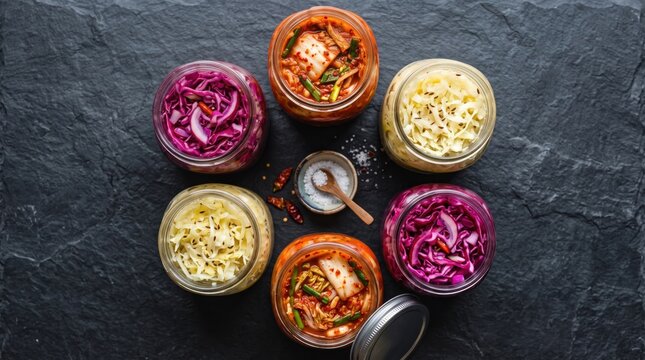 Top view of glass jars filled with fermented vegetables like kimchi and sauerkraut on dark table, probiotic food concept, gut microbiota health