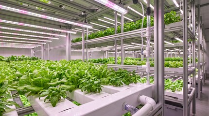 Fototapeta premium Fresh green lettuce plants growing in a modern indoor vertical hydroponic farm