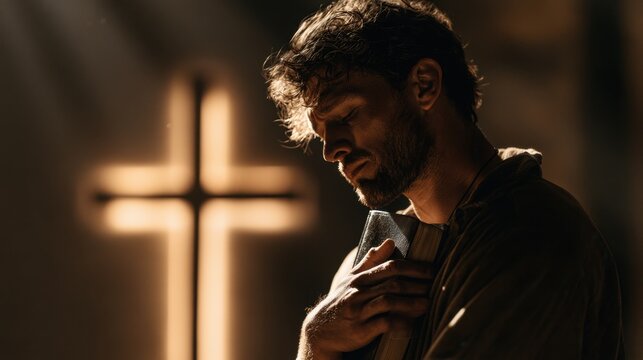 Thoughtful man with beard holding a book close to chest in dim light in front of glowing cross symbol in religious spiritual atmosphere indoors