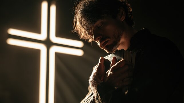 Thoughtful young man with closed eyes holding a book close to chest in dim light near bright illuminated cross symbolizing faith and spirituality in dark atmosphere