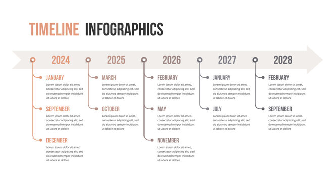 Horizontal timeline infographic template featuring a sequence of five years with branching lines for monthly milestones and text placeholders arranged along a central directional arrow