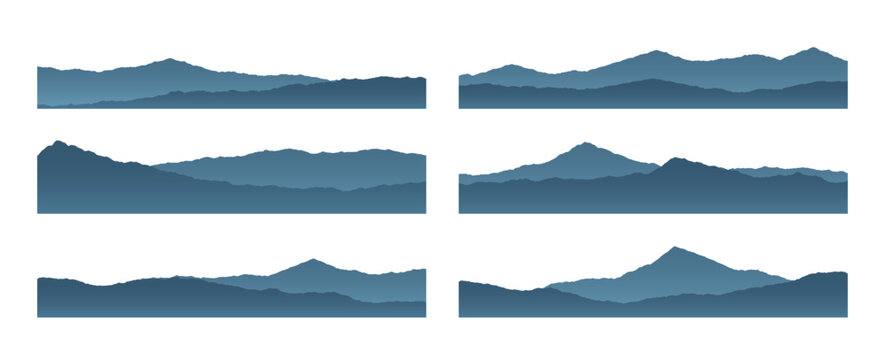 Six horizontal mountain landscape silhouettes featuring layered mountain ranges