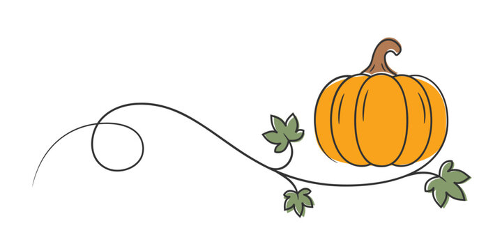 Continuous single line illustration of a pumpkin with small leaves, combining a minimalist outline style with flat color fills for seasonal harvest or autumn design