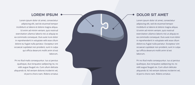 Concept infographic template featuring a human head profile with a brain consisting of two interlocking jigsaw puzzle pieces
