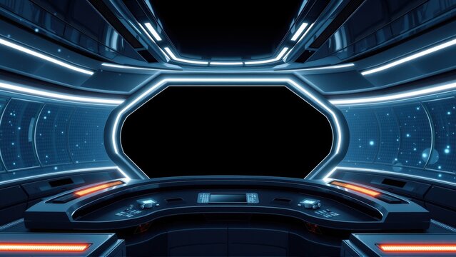 Futuristic spaceship interior. Dark blues dominate, illuminated by bright linear lights. Central window shows deep space. Sleek design.