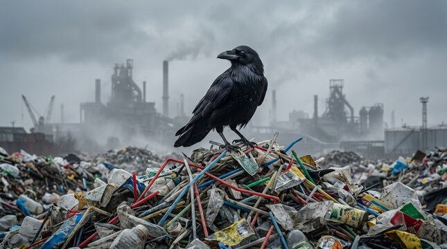Black raven standing on a pile of trash in an industrial wasteland  