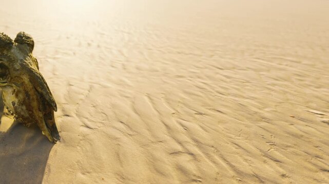 A turtle shell rests on the sand of a beach. The sun sets in the background creating a warm glow. Gentle waves can be seen nearby. The scene captures a moment of nature.