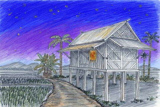 Tropical stilt house beneath a vivid starry sky