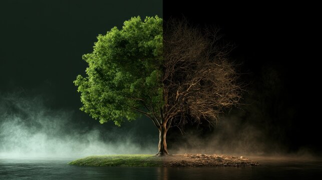 Conceptual image of a single tree with lush green leaves on one half and barren dry branches on the other half symbolizing life and decay, environmental contrast, and seasonal change