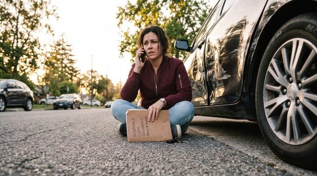 Worried woman sitting on the road next to a damaged car with scratches, talking on a smartphone with an insurance claim envelope beside her, roadside emergency, vehicle damage, stressful situation