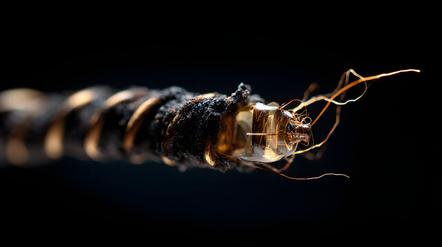 Extreme macro shot of a burnt and damaged electrical wire filament showing charred coil and melted components against a dark background.