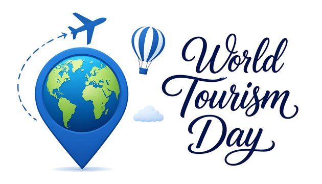 World Tourism Day typography banner with globe map pin and airplane