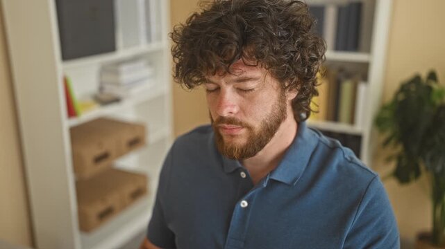 Man with beard and curly hair wearing a blue polo looking at camera, face framed by bookshelf, archive boxes and plant in studio; introspection calm.