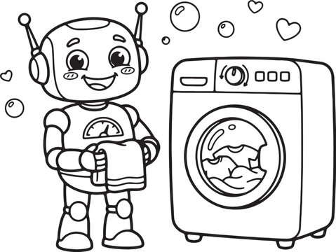 Cute cartoon robot holding a smartphone, isolated screen buttons
