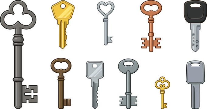Vintage and Modern Key Icon Set with Antique Skeleton Keys Heart Shaped Charm Golden House Keys and Car Ignition Keys Vector Illustration