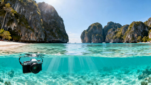 Split View of Tropical Beach Above and Below Water
