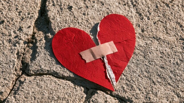 Broken red heart made of paper with torn edge patched by adhesive tape lying on cracked dry surface symbolizing emotional healing and recovery from heartbreak