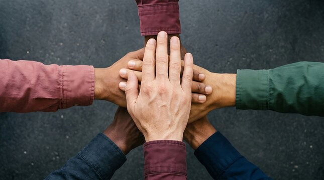 Diverse hands stacked in unity, multicultural team showing support and cooperation. Group of people joining hands for community partnership. Professional collaboration and teamwork concept.