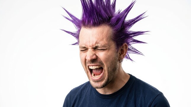 Expressive Punk Rocker with Vibrant Purple Liberty Spikes Shouting with Eyes Closed on White Studio Background