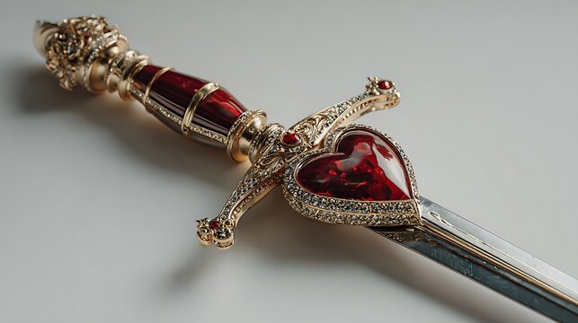 Ornate golden dagger with ruby heart gem and jeweled handle. elegant luxury weapon on a clean. neu