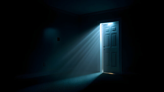 Dramatic blue light rays streaming through an open door into a dark room, representing hope, opportunity, and mysterious new beginnings.