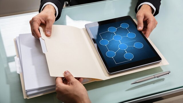 Person opening document folder on office desk beside a digital tablet displaying network chart with tablet computer business person office work digital device