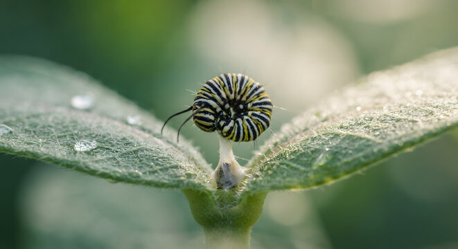 Monarch caterpillar curled on a milkweed leaf with morning dew