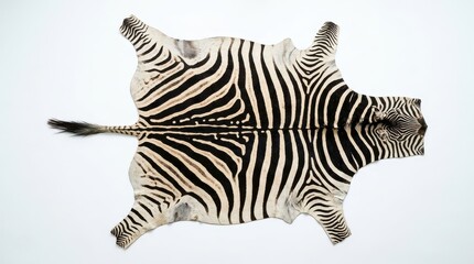 Naklejka premium Authentic Zebra Skin Rug with Tail and Head Detail Isolated on White Background for Luxury Interior Decor
