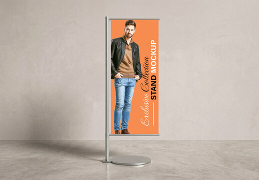 Vertical Banner Stand Mockup on Concrete Floor