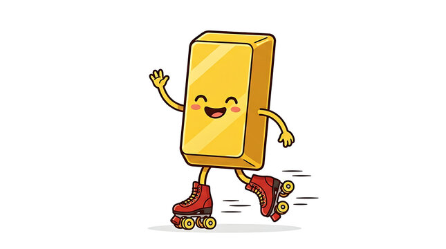 Cheerful investment asset gold bar cartoon wearing roller skates