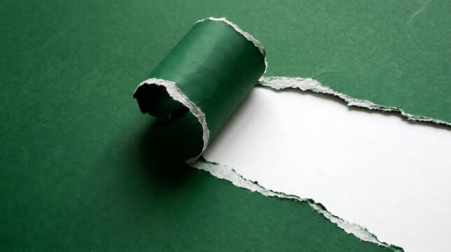 Deep emerald green paper with torn edge rolled back to expose white empty space underneath for professional marketing banners or clean minimalist typographic design background photography